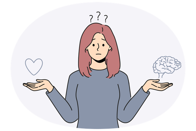 Confused woman choose between heart and brain  Illustration