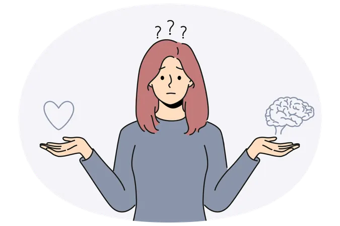 Confused woman choose between heart and brain  Illustration
