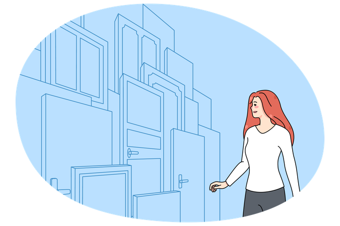Confused woman in front of doors deciding  Illustration