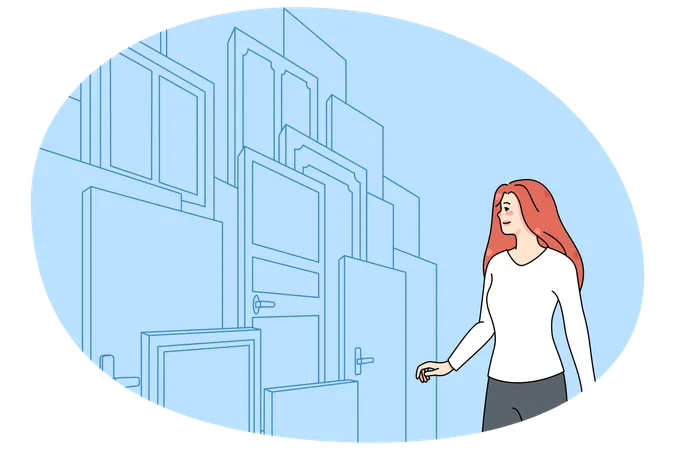 Confused woman in front of doors deciding  Illustration
