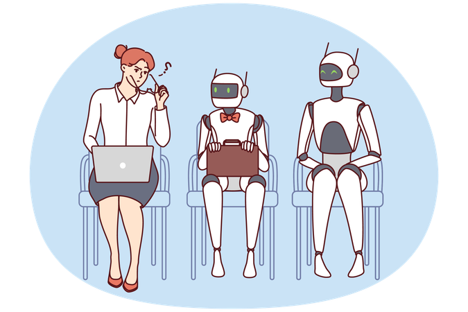 Confused woman in line with robots in office  Illustration