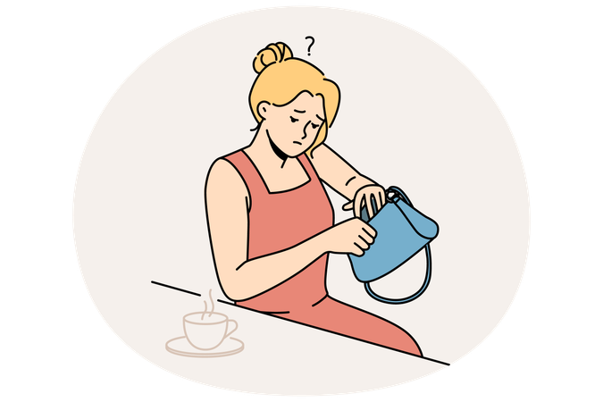 Confused woman look for lost item in handbag  Illustration
