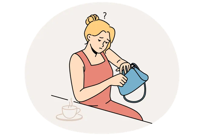 Confused woman look for lost item in handbag  Illustration