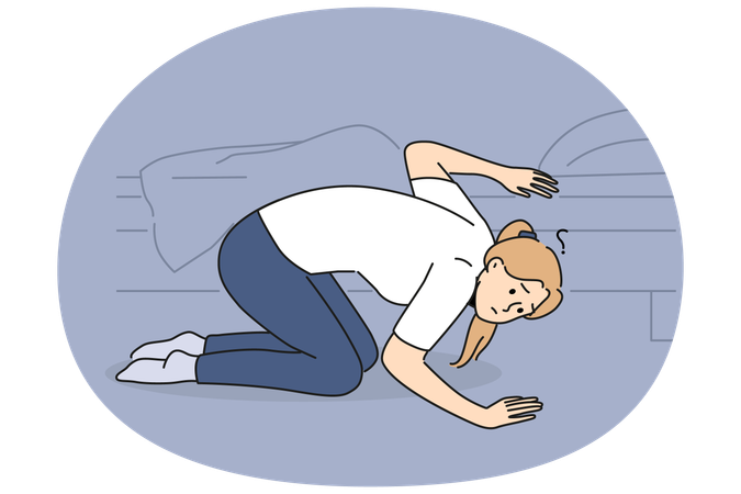 Confused woman look for lost item under bed  Illustration