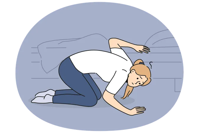 Confused woman look for lost item under bed  Illustration