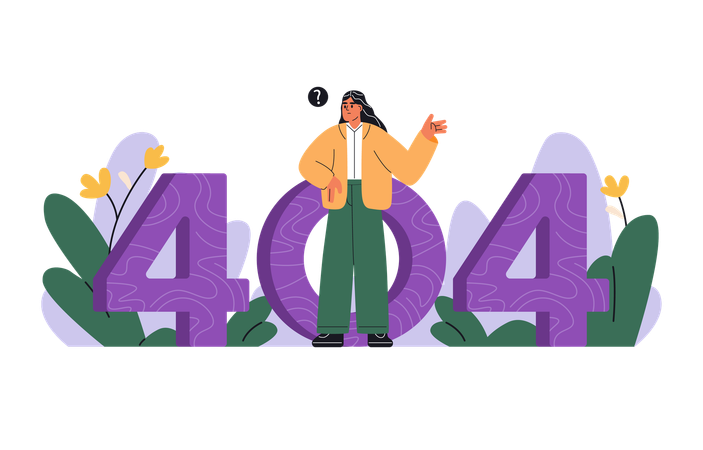 Confused woman looking for something through number 404  Illustration