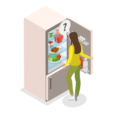 Confused woman open freeze for Full And Empty Refrigerator  Illustration