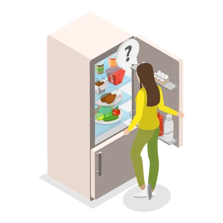 Confused woman open freeze for Full And Empty Refrigerator  Illustration