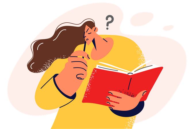 Confused woman reading book  Illustration