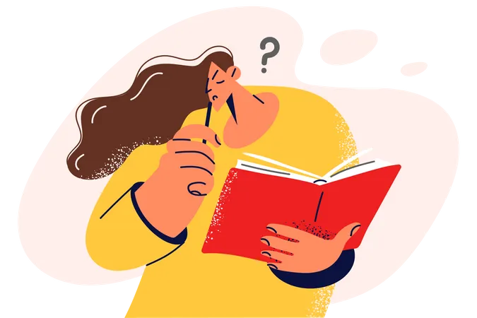 Confused woman reading book  Illustration