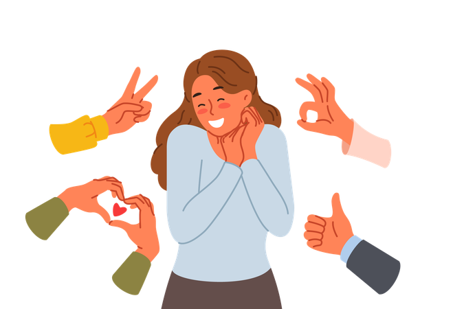 Confused woman receiving public approval and standing among hands with positive gestures  Illustration