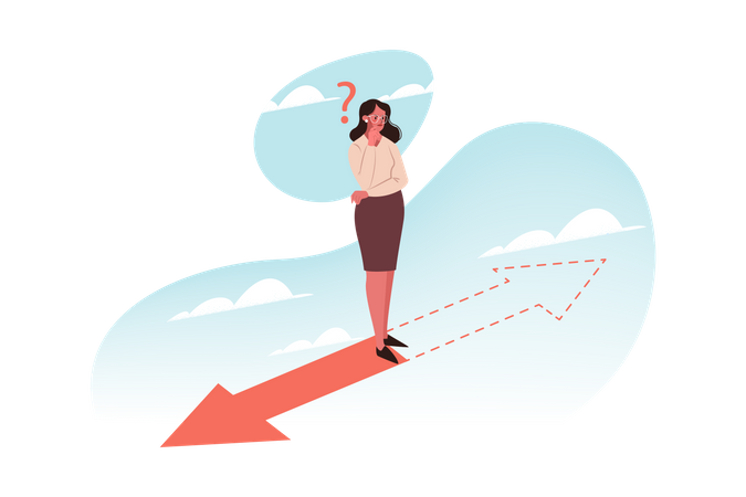 Confused woman standing on arrow  Illustration