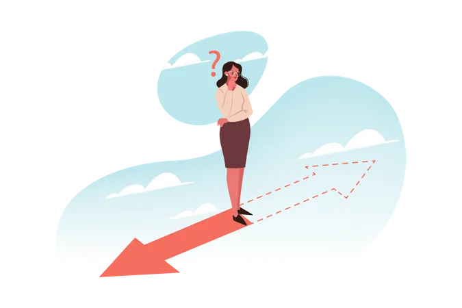 Confused woman standing on arrow  Illustration