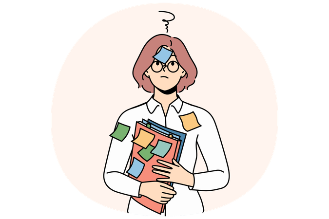 Confused woman student with stickers on face and shirt needs ability to do task management  Illustration