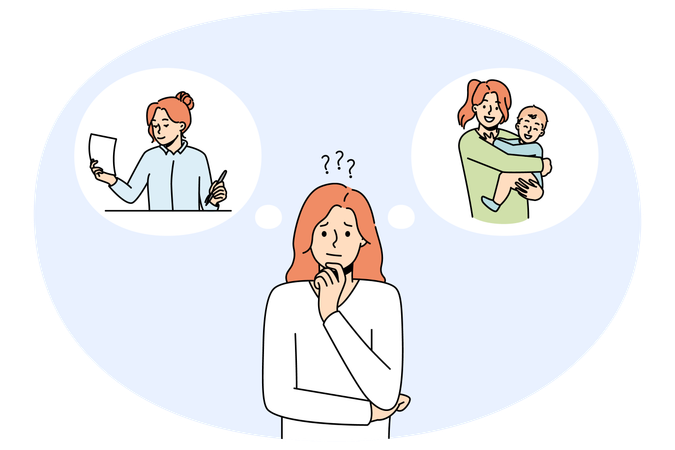 Confused woman thinking about motherhood or career  Illustration