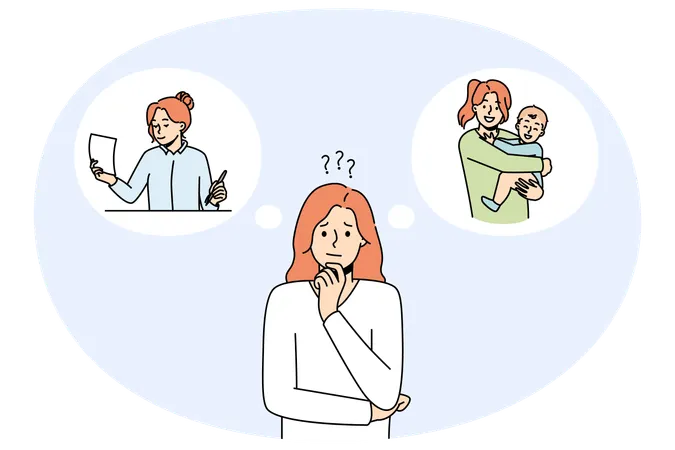Confused woman thinking about motherhood or career  Illustration