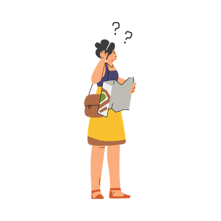 Confused woman tourist hold map tracking route, get lost  Illustration