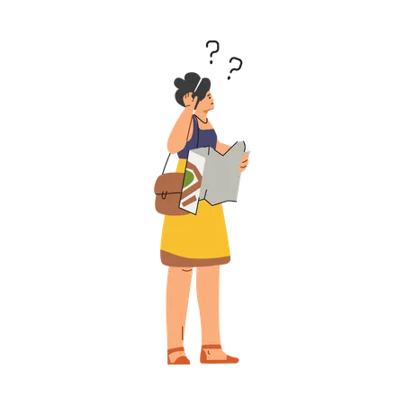 Confused woman tourist hold map tracking route, get lost  Illustration