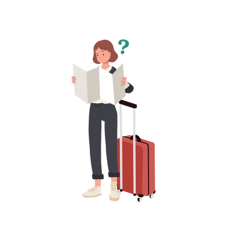 Confused woman traveler holding paper map  Illustration