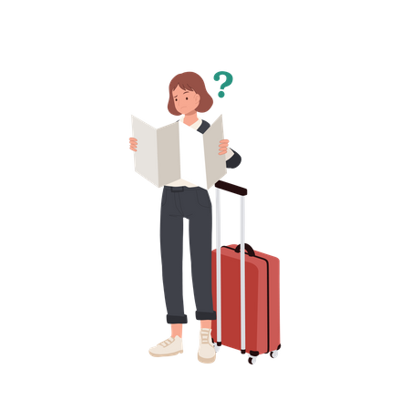 Confused woman traveler holding paper map  Illustration