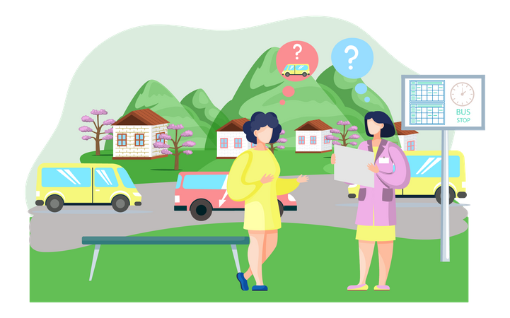 Confused Woman Waiting For Bus Illustration