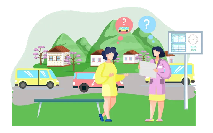 Confused Woman Waiting For Bus Illustration