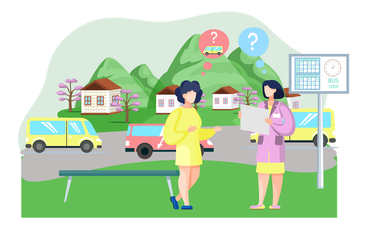 Confused Woman Waiting For Bus  Illustration