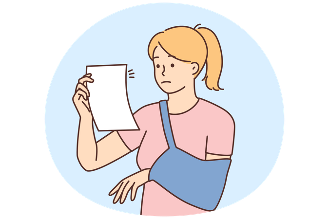 Confused woman with broken arm read prescription  Illustration