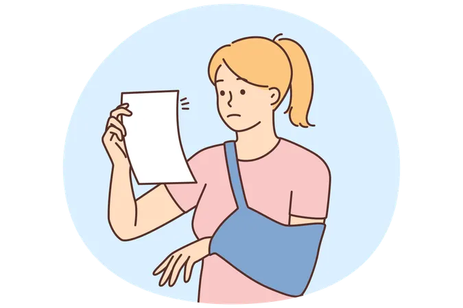 Confused woman with broken arm read prescription  Illustration