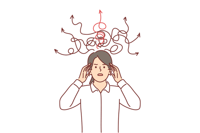 Confused woman with wad arrows above head  Illustration