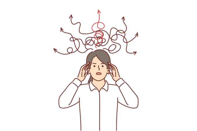 Confused Woman With Wad Of Arrows Above Head Feeling Chaotic In Thoughts And Trying To Make Difficult Decision Confused Girl Needs Help Of Psychologist To Choose Right Path For Personal Development Illustration