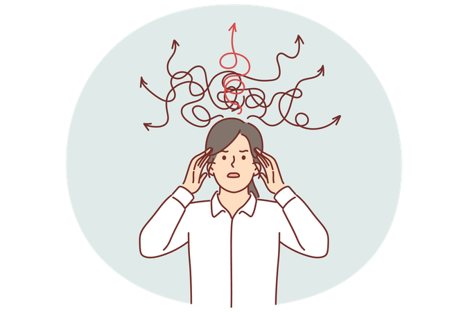 Confused woman with wad arrows above head feeling chaotic in thoughts and make difficult decision  Illustration