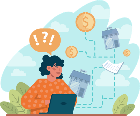 Confused woman working on shop budget  Illustration