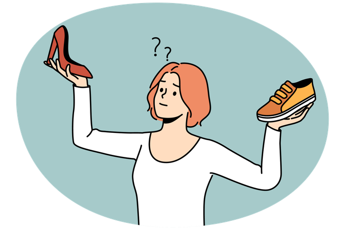 Confused young woman choosing between different shoes types  Illustration