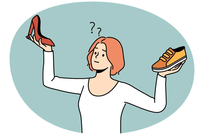 Confused young woman choosing between different shoes types  Illustration