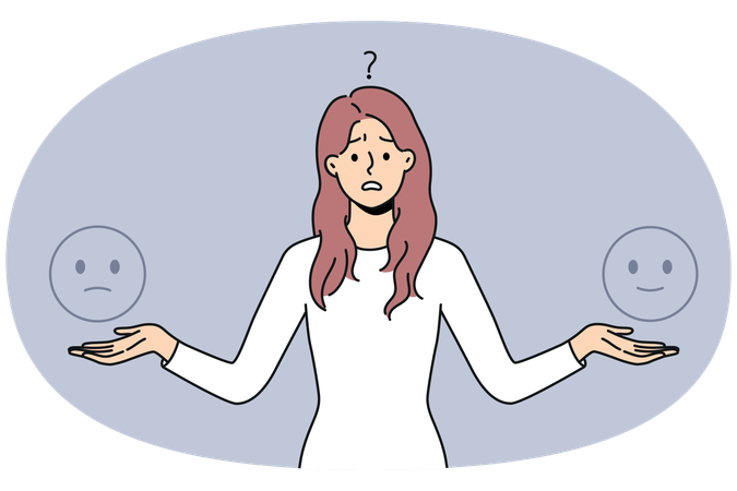 Confused young woman doubt about customer feedback  Illustration