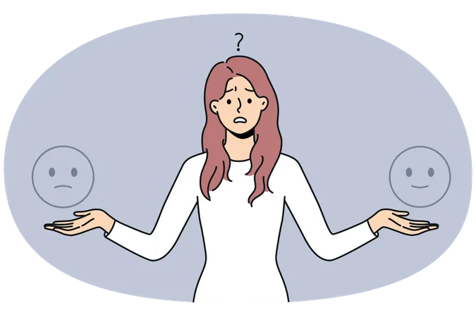 Confused young woman doubt about customer feedback  Illustration