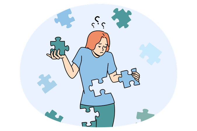 Confused young woman with jigsaw puzzles rebuild personality  Illustration