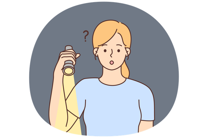 Confused young woman with light in darkness  Illustration