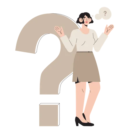 Portrait Of Thoughtful People Smart Woman Standing Near Big Question Mark Thinking Or Solving Problem Pensive Female Character With Thought Bubble Flat Cartoon Vector Illustration Illustration