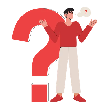 Portrait Of Thoughtful People Smart Man Standing Near Big Question Mark Thinking Or Solving Problem Pensive Male Character With Thought Bubble Flat Cartoon Vector Illustration Illustration