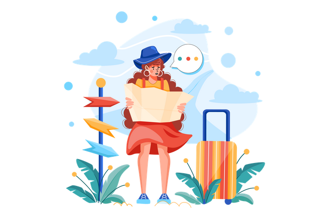 Confusing woman looking into the map  Illustration