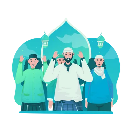 Islamic Muslim Worship With Congregational Eid Prayer At The Mosque Illustration
