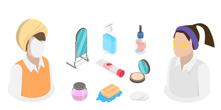 Conjunto de cosméticos para cuidados com a pele e produtos de beleza e pele  Ilustração