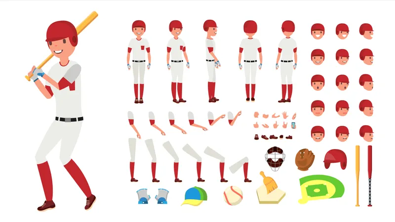 Conjunto de criação de personagem animado para jogador de beisebol  Ilustração
