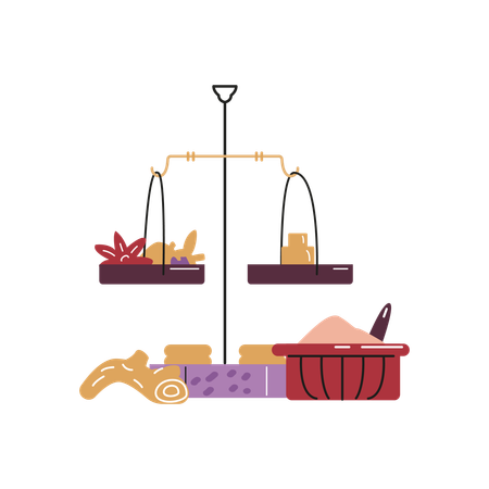Conjunto de especias jengibre cardamomo pesado en báscula  Ilustración