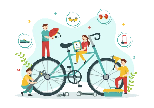 Conjunto de ferramentas para ciclismo e bicicleta  Ilustração
