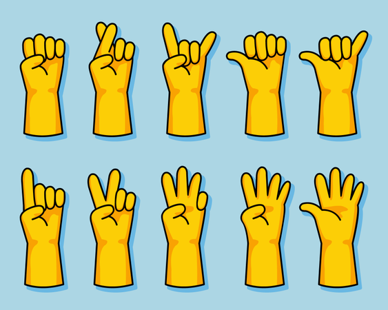 Conjunto de gestos de mão de desenho animado com luva de borracha amarela  Ilustração