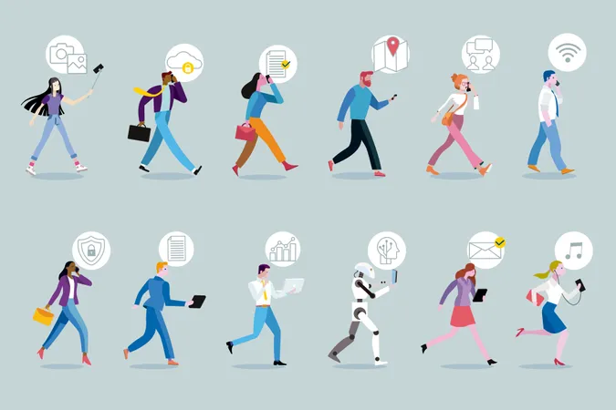 Conjunto de hombres y mujeres de negocios caminando mientras usan sus dispositivos móviles  Ilustración