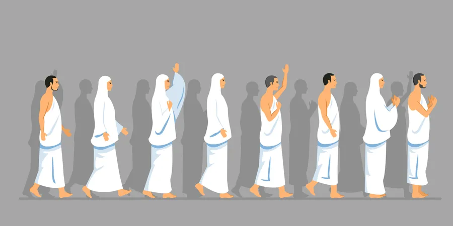 Conjuntos de personajes caminantes de la peregrinación hajj.  Ilustración